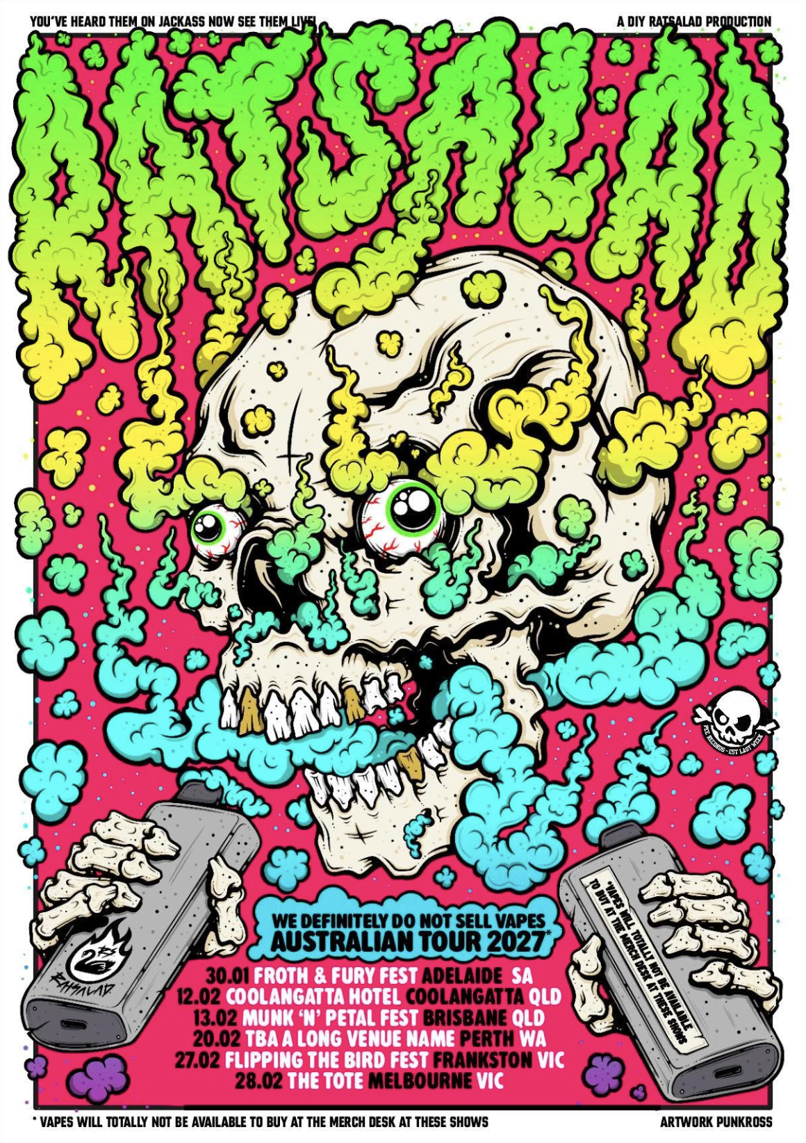 Rat Salad Australian Tour 2027 poster featuring skull artwork, colorful smoke, and Australian concert dates.